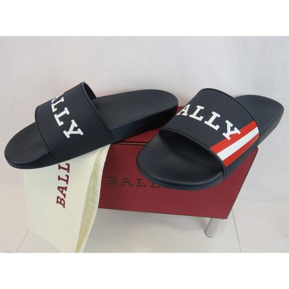 NIB BALLY SIMON NAVY INK RUBBER RED WHITE WEB LOGO SANDAL POOL SLIDES 8 D ITALY main image 10